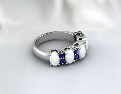 Opal With Blue Sapphire Silver Band Half Eternity Band Wedding Band