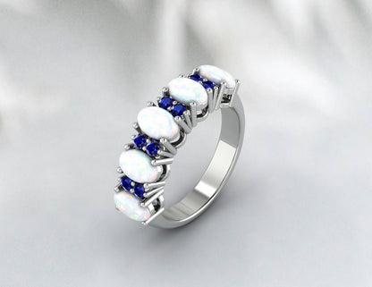 Opal With Blue Sapphire Silver Band Half Eternity Band Wedding Band