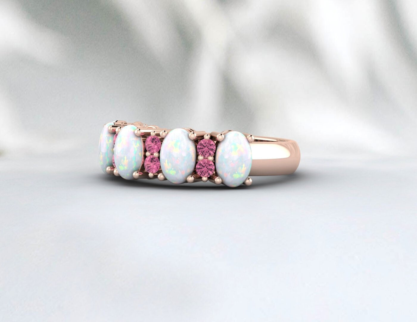 Opal Wedding Ring Pink Tourmaline Wedding Band Anniversary Gift