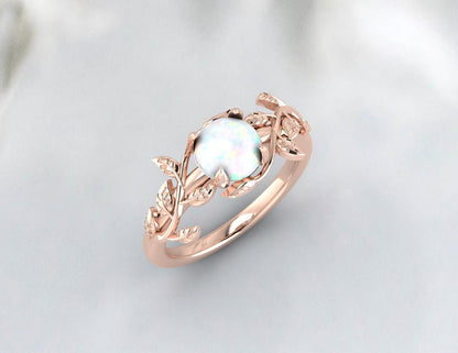 Natural 1 Carat Opal Vine Leaf Ring, Nature Inspired Round Opal Solitaire Ring, October Gemstone Ring, October Bridal Ring, Vine Leaf Opal