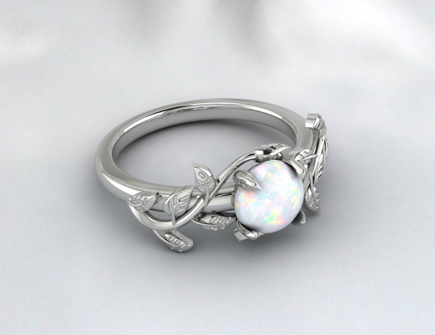 Natural 1 Carat Opal Vine Leaf Ring, Nature Inspired Round Opal Solitaire Ring, October Gemstone Ring, October Bridal Ring, Vine Leaf Opal