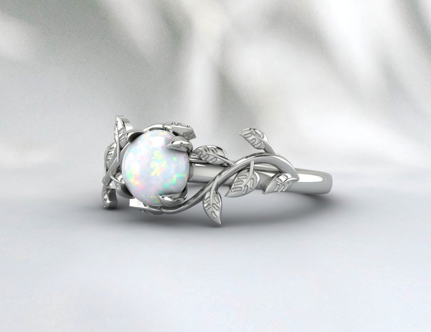 Natural 1 Carat Opal Vine Leaf Ring, Nature Inspired Round Opal Solitaire Ring, October Gemstone Ring, October Bridal Ring, Vine Leaf Opal