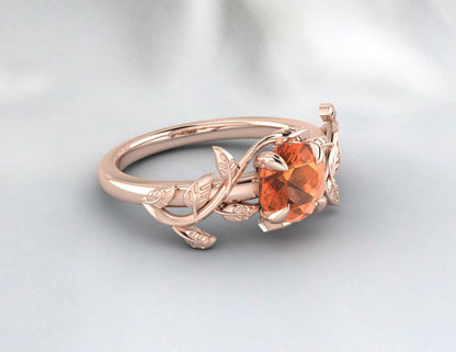 Bague de fiançailles en forme de feuille de saphir orange, cadeau d'anniversaire pour femmes