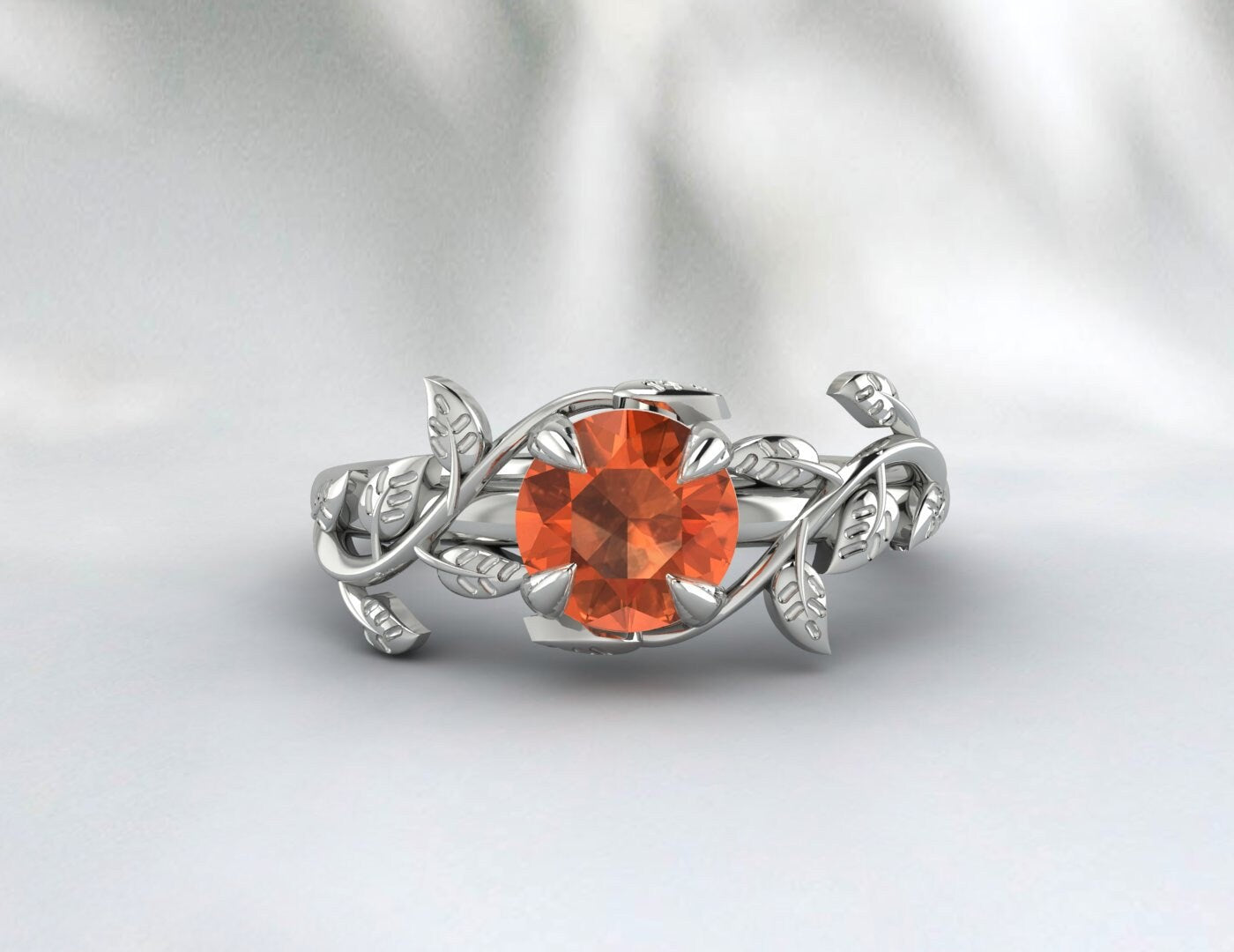 Bague de fiançailles en forme de feuille de saphir orange, cadeau d'anniversaire pour femmes