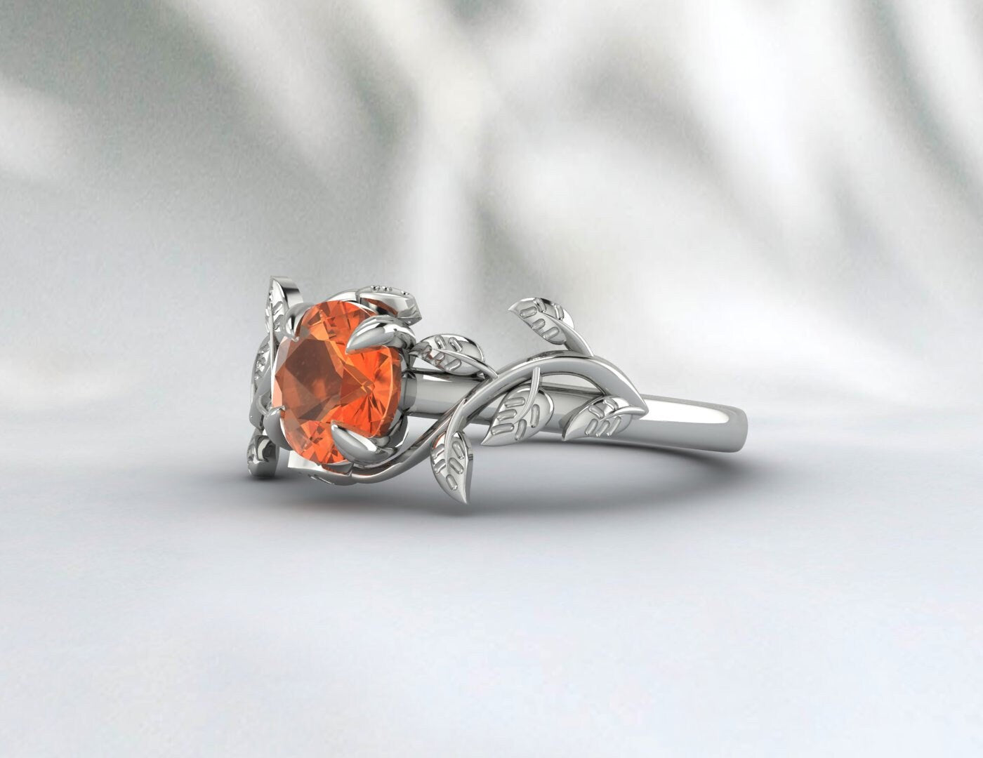 Bague de fiançailles en forme de feuille de saphir orange, cadeau d'anniversaire pour femmes