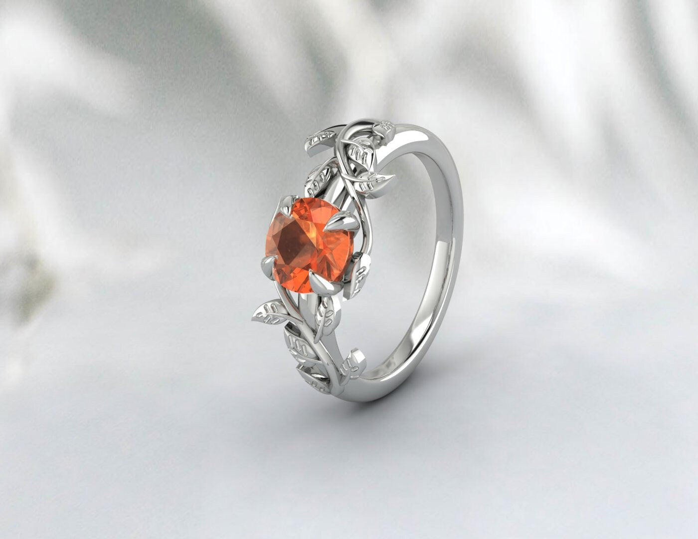 Bague de fiançailles en forme de feuille de saphir orange, cadeau d'anniversaire pour femmes