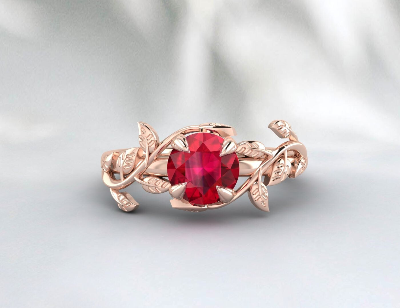 Red Ruby Ring Leaf Flower Engagement Ring Unique Anniversary Ring