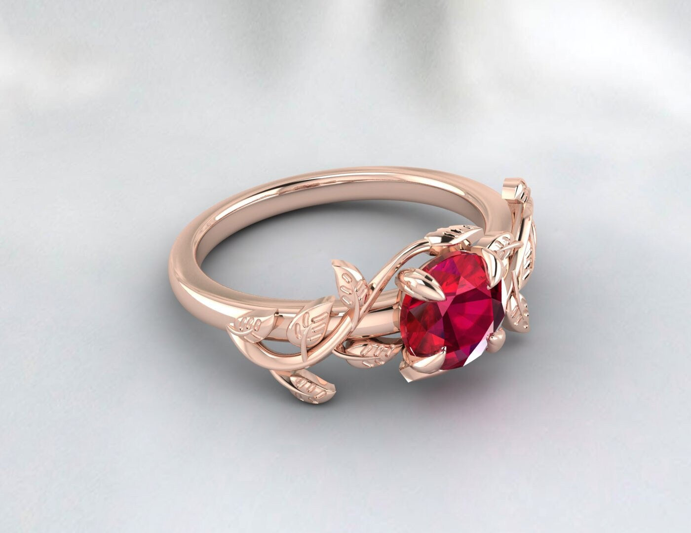 Red Ruby Ring Leaf Flower Engagement Ring Unique Anniversary Ring