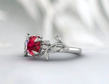 Red Ruby Ring Leaf Flower Engagement Ring Unique Anniversary Ring