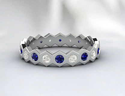 Alliance d'éternité en diamant et saphir bleu, style hexagonal