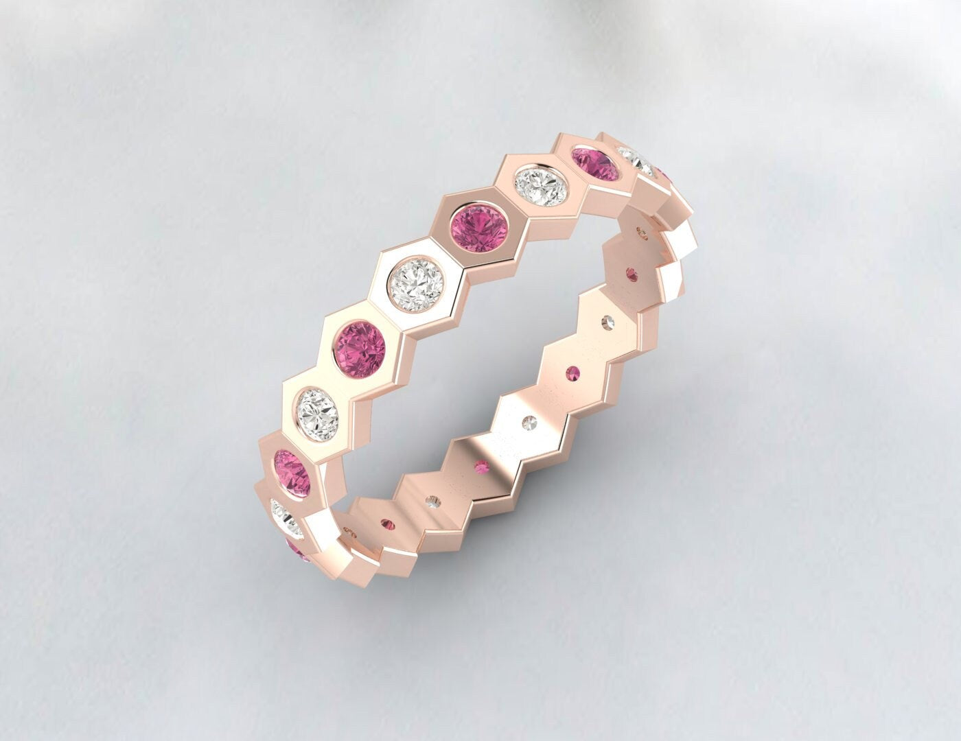 Bague de fiançailles en tourmaline rose et bande de diamants pour elle