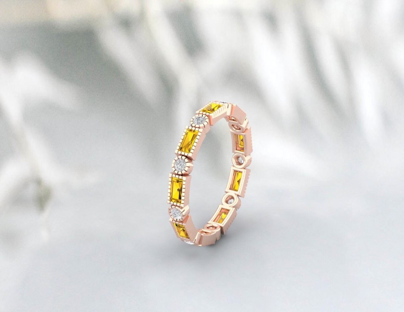 Baguette Citrine Wedding Ring Cz Diamond Eternity Band Stacking Band