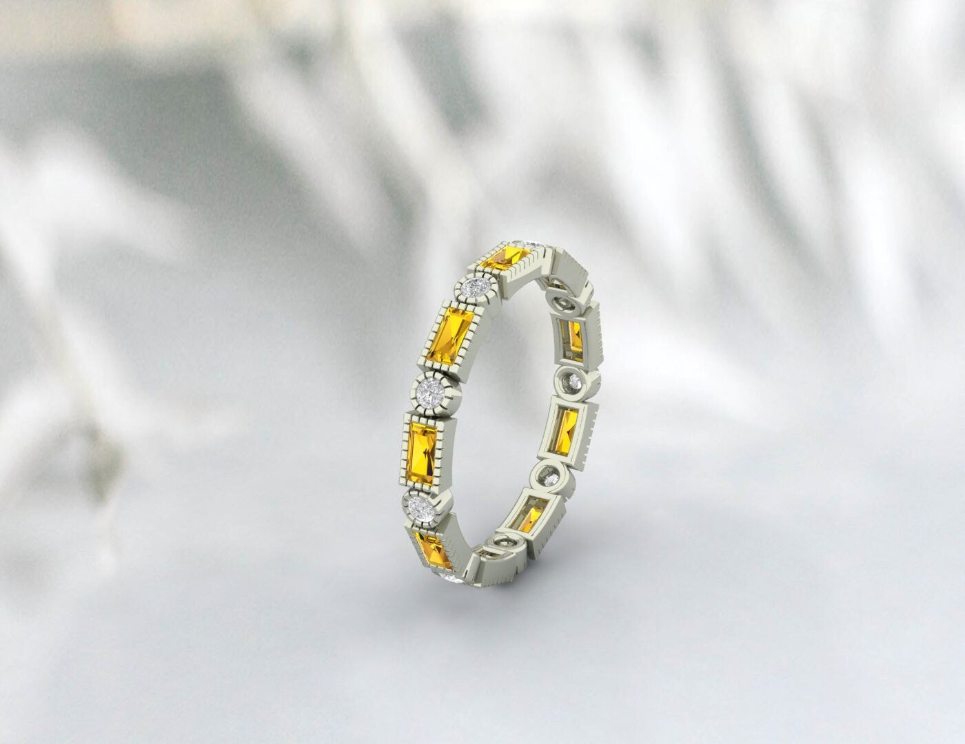 Baguette Citrine Wedding Ring Cz Diamond Eternity Band Stacking Band