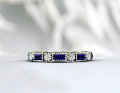 Blue Sapphire Wedding Band Vintage Full Eternity Band Stacking Ring