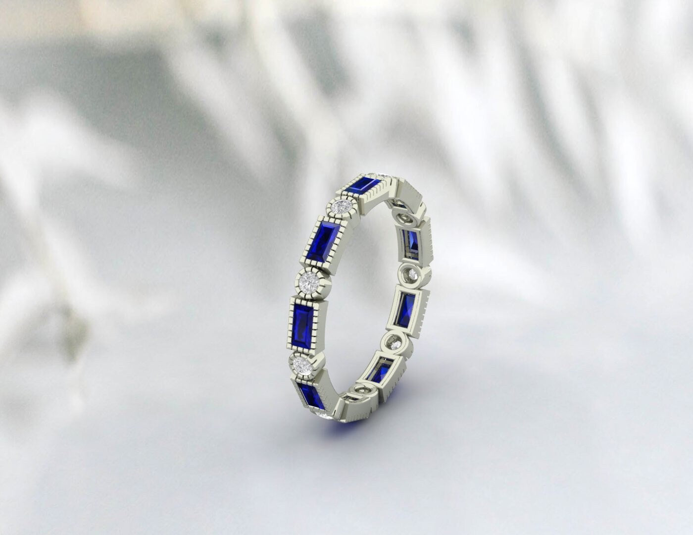 Blue Sapphire Wedding Band Vintage Full Eternity Band Stacking Ring