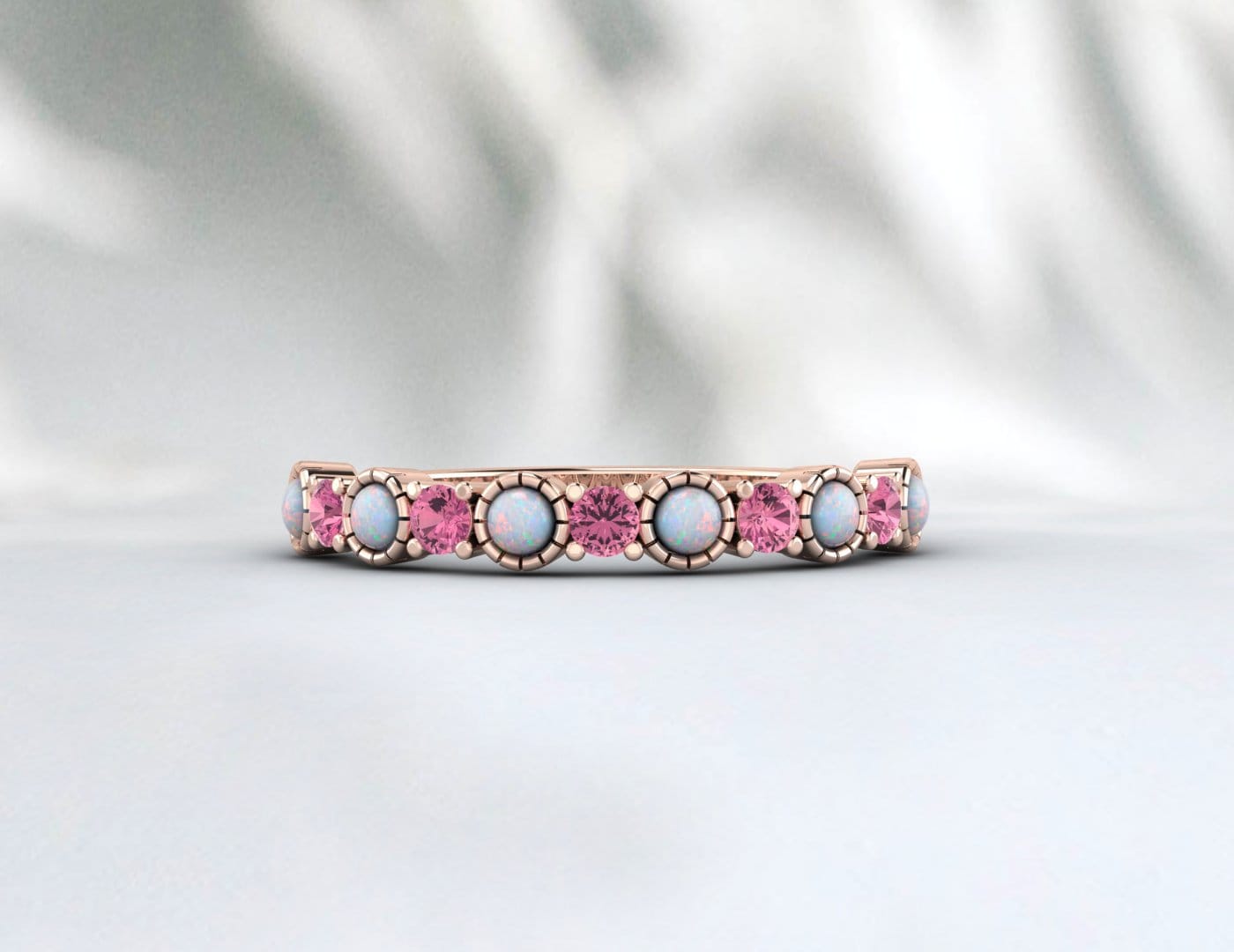 Opal And Pink Tourmaline Wedding Band October Birthstone Ring Gift