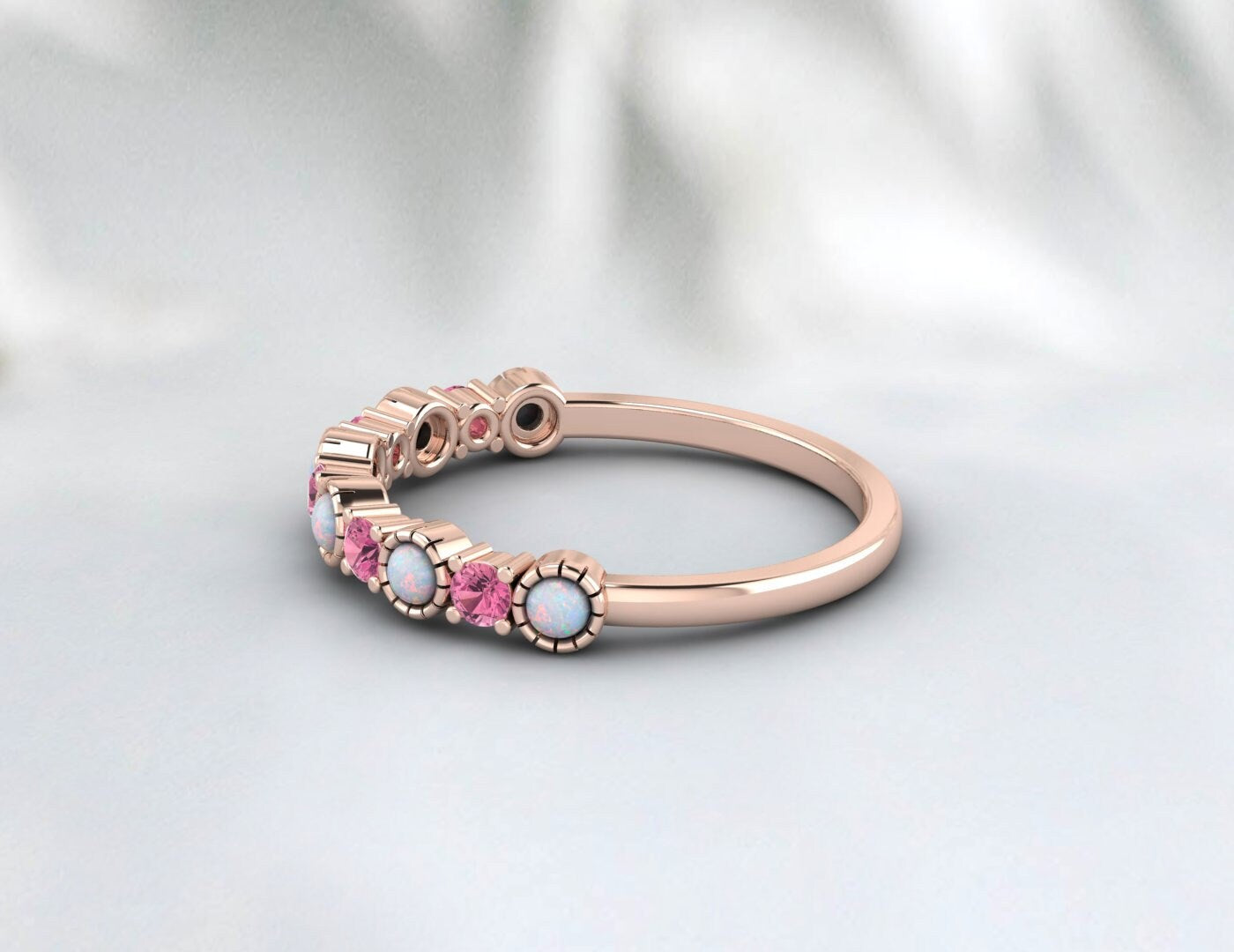 Alliance opale et tourmaline rose, bague avec pierre de naissance d'octobre, cadeau