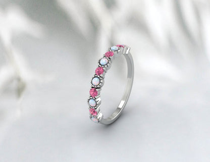 Alliance opale et tourmaline rose, bague avec pierre de naissance d'octobre, cadeau