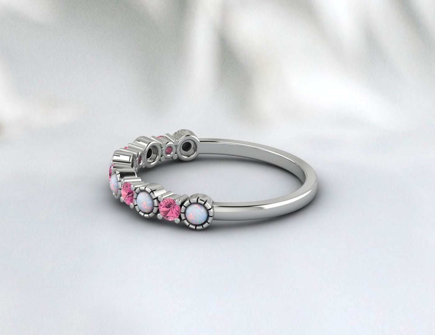 Opal And Pink Tourmaline Wedding Band October Birthstone Ring Gift