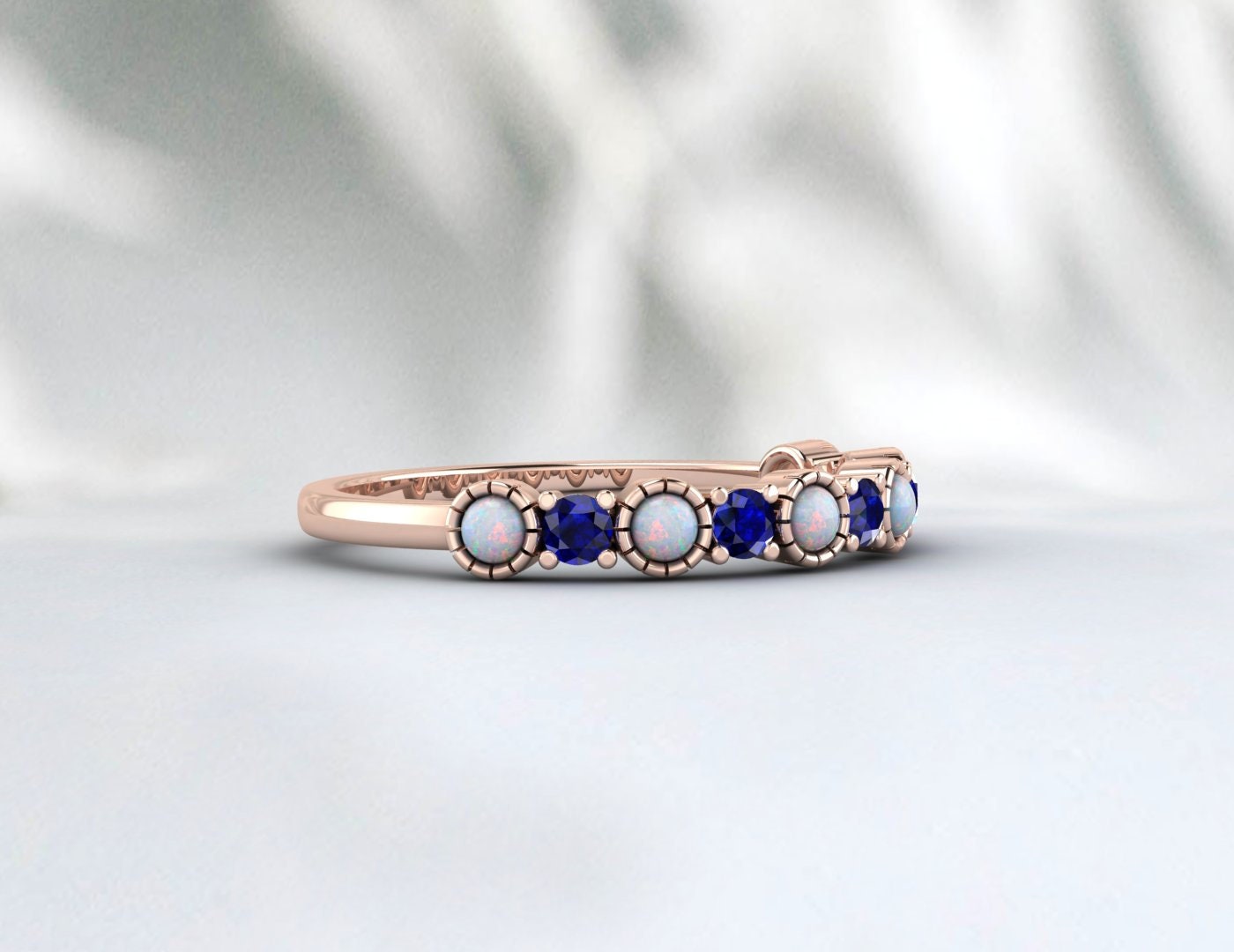 Opal Sapphire Ring, 14k Gold Opal Wedding Band, Minimalist Ring, Stacking Band, Opal Anniversary Ring, Gift for Her, Opal Half Eternity Band