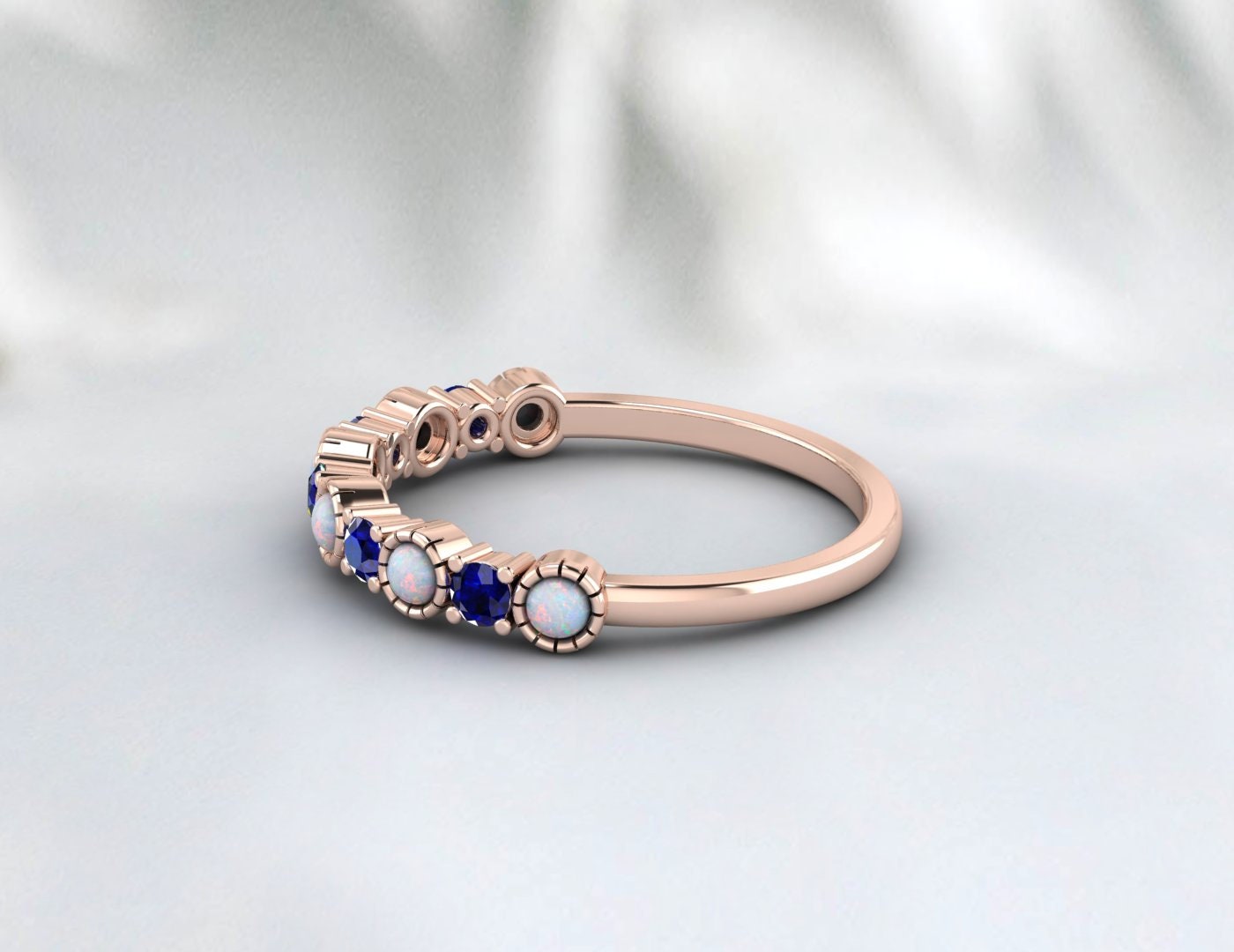 Opal Sapphire Ring, 14k Gold Opal Wedding Band, Minimalist Ring, Stacking Band, Opal Anniversary Ring, Gift for Her, Opal Half Eternity Band