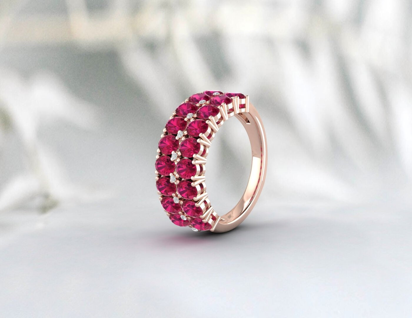 Bague de mariage ovale en rubis demi-éternité, bague assortie en rubis délicat