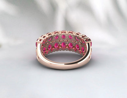 Bague de mariage ovale en rubis demi-éternité, bague assortie en rubis délicat