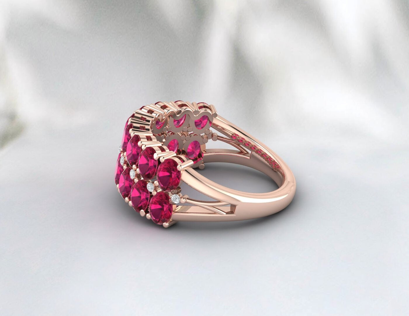 Bague de mariage ovale en rubis demi-éternité, bague assortie en rubis délicat