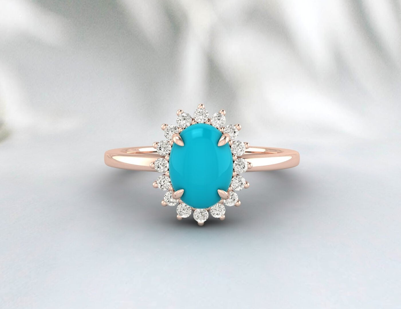 Bague de fiançailles halo ovale bleu turquoise naturel, alliance en diamant