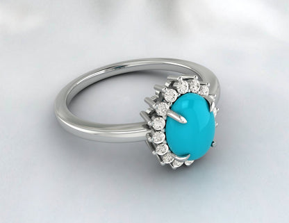 Bague de fiançailles halo ovale bleu turquoise naturel, alliance en diamant