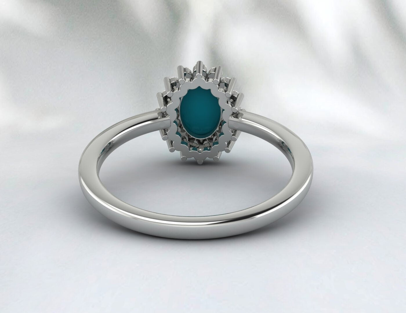 Natural Oval Blue Turquoise Halo Engagement Ring Diamond Wedding Band