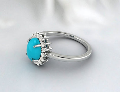 Natural Oval Blue Turquoise Halo Engagement Ring Diamond Wedding Band