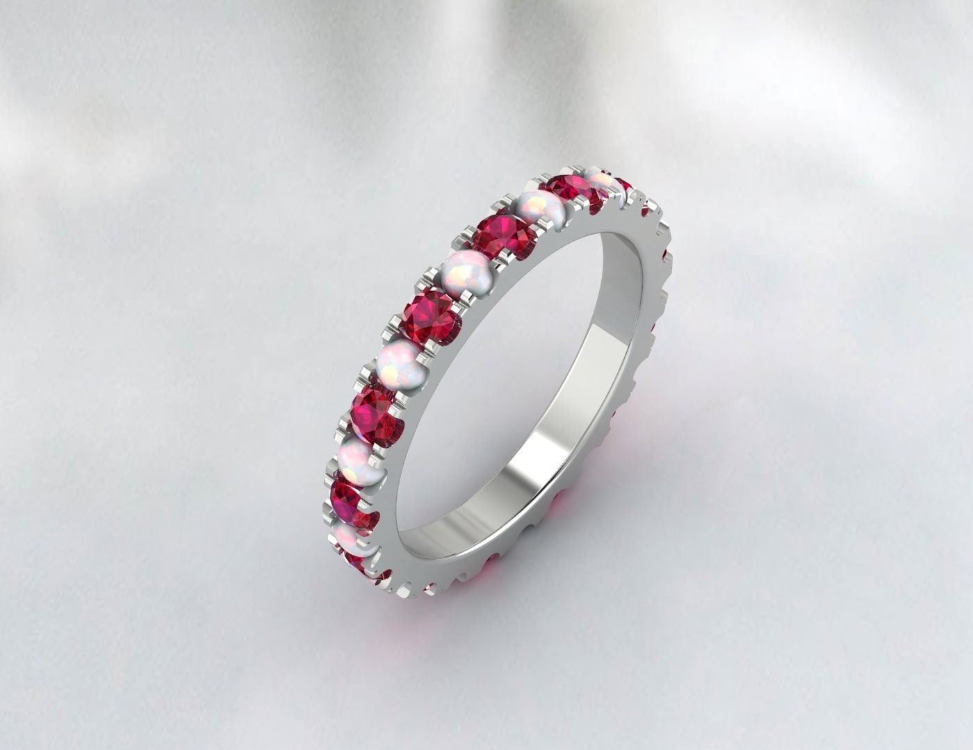 Ruby & Opal Silver Ring Band Full Eternity Wedding Promise Band Gift