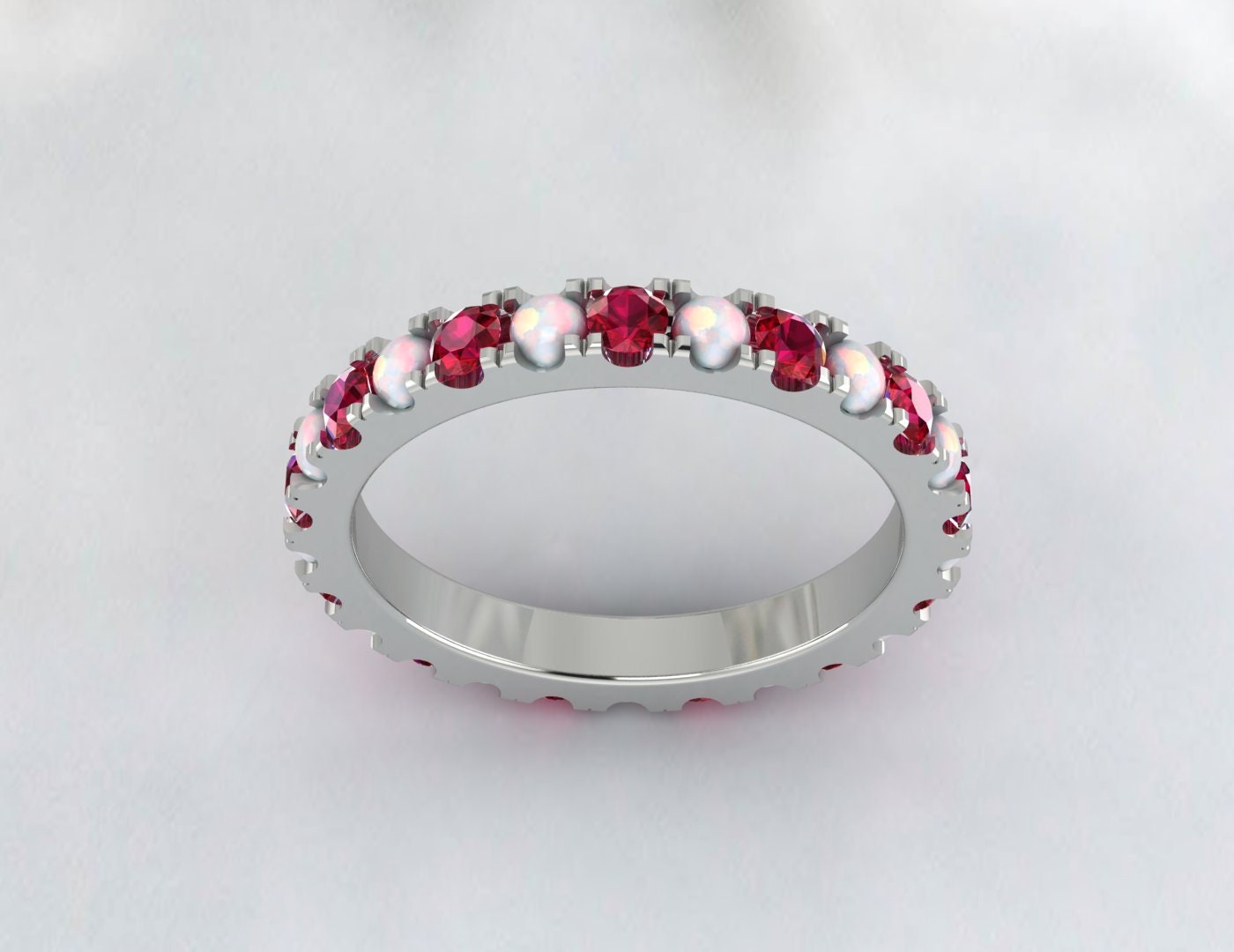 Ruby & Opal Silver Ring Band Full Eternity Wedding Promise Band Gift