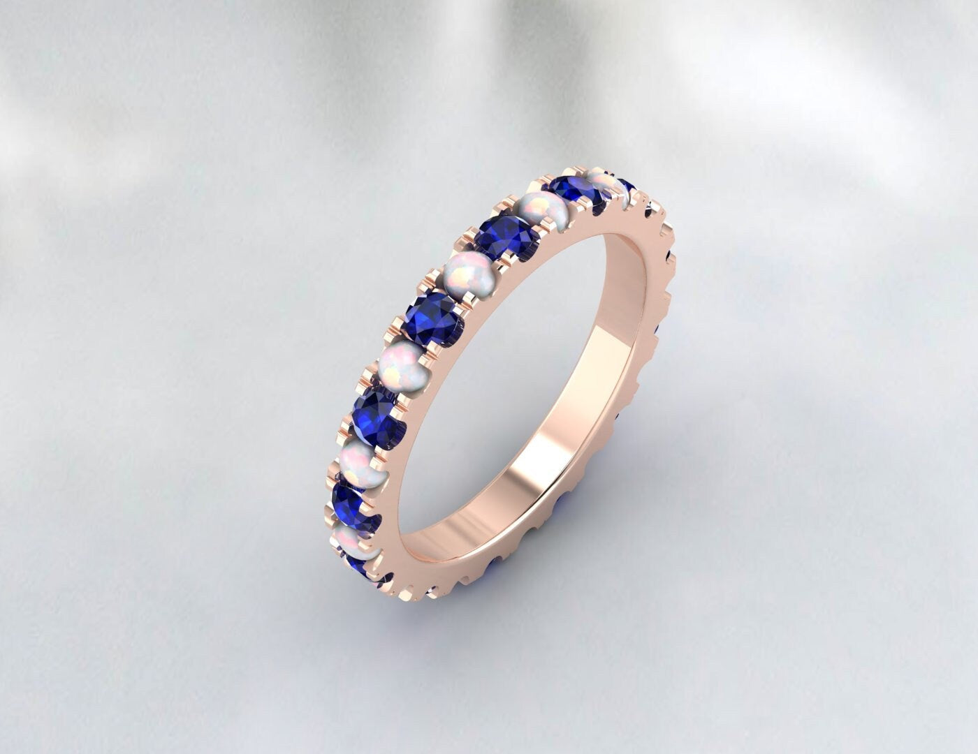 Opal & Sapphire Wedding Band Eternity Matching Band Anniversary Ring