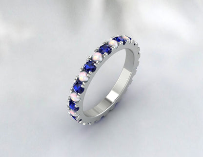 Opal & Sapphire Wedding Band Eternity Matching Band Anniversary Ring