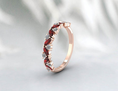 Natural Garnet Marquise Matching Wedding Band January Birthstone Ring