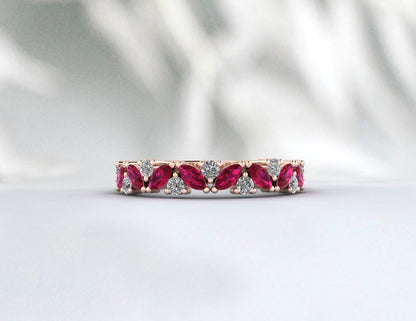 Marquise Cut Ruby Half Eternity Wedding Band Women Moissanite Ring