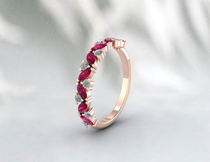 Marquise Cut Ruby Half Eternity Wedding Band Women Moissanite Ring