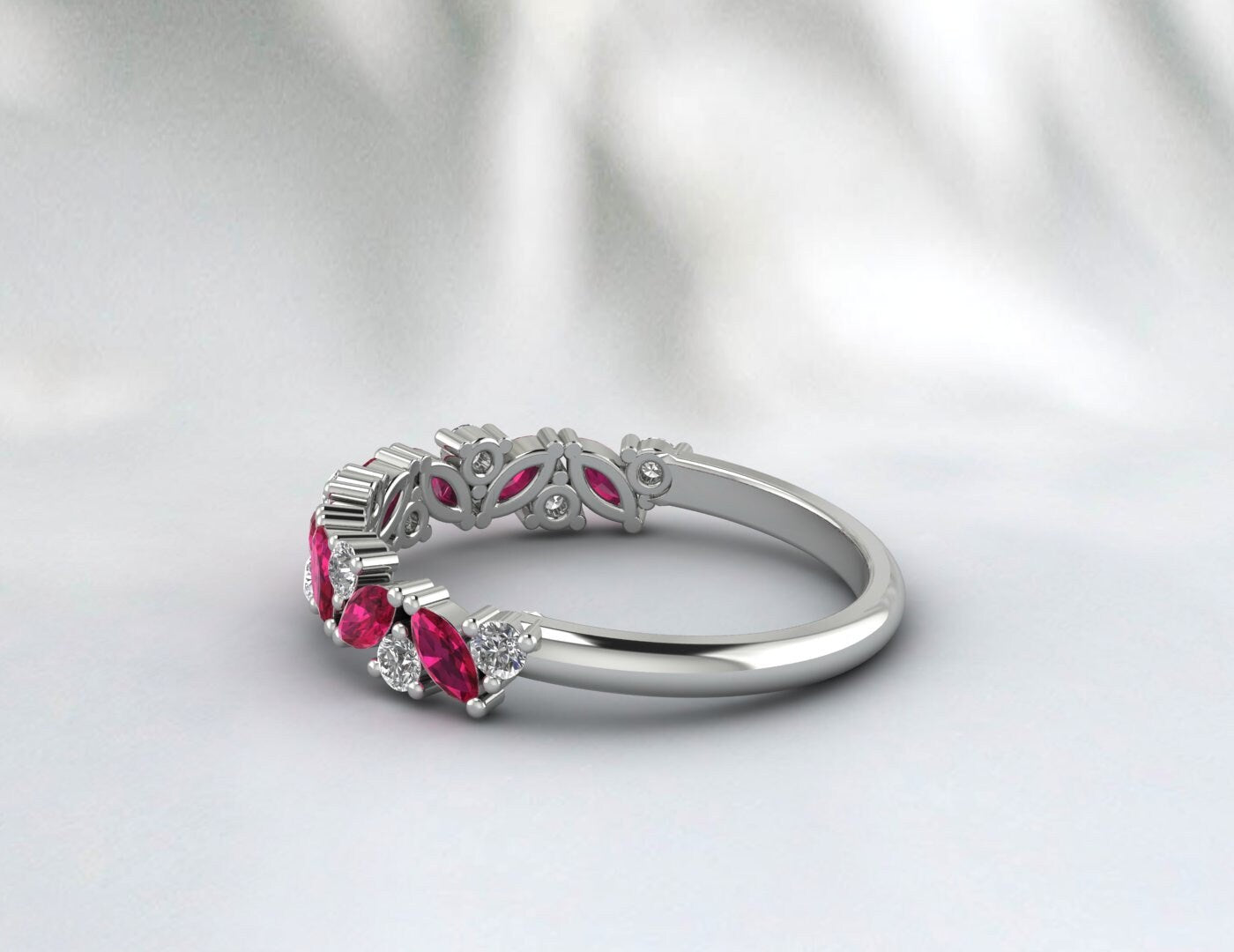 Marquise Cut Ruby Half Eternity Wedding Band Women Moissanite Ring