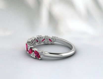 Marquise Cut Ruby Half Eternity Wedding Band Women Moissanite Ring