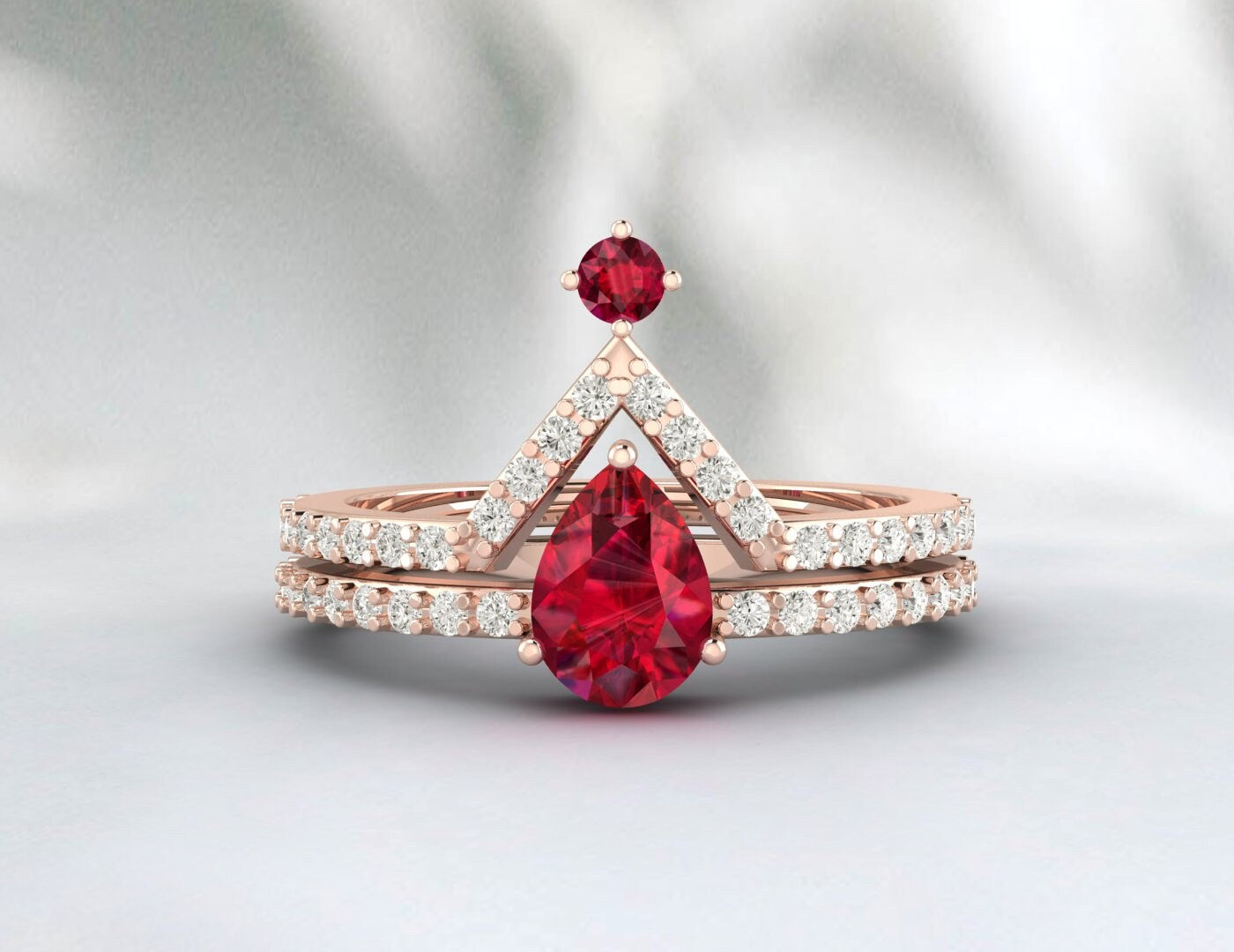 Vintage Pear Ruby Wedding Set Engagement Ruby July Birthstone Ring