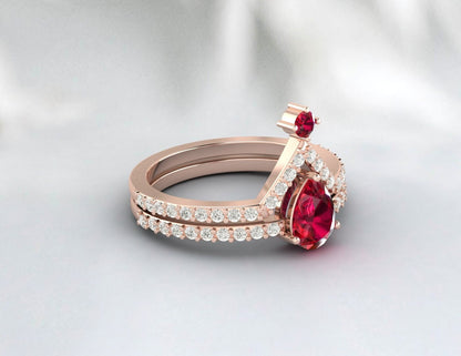 Vintage Pear Ruby Wedding Set Engagement Ruby July Birthstone Ring