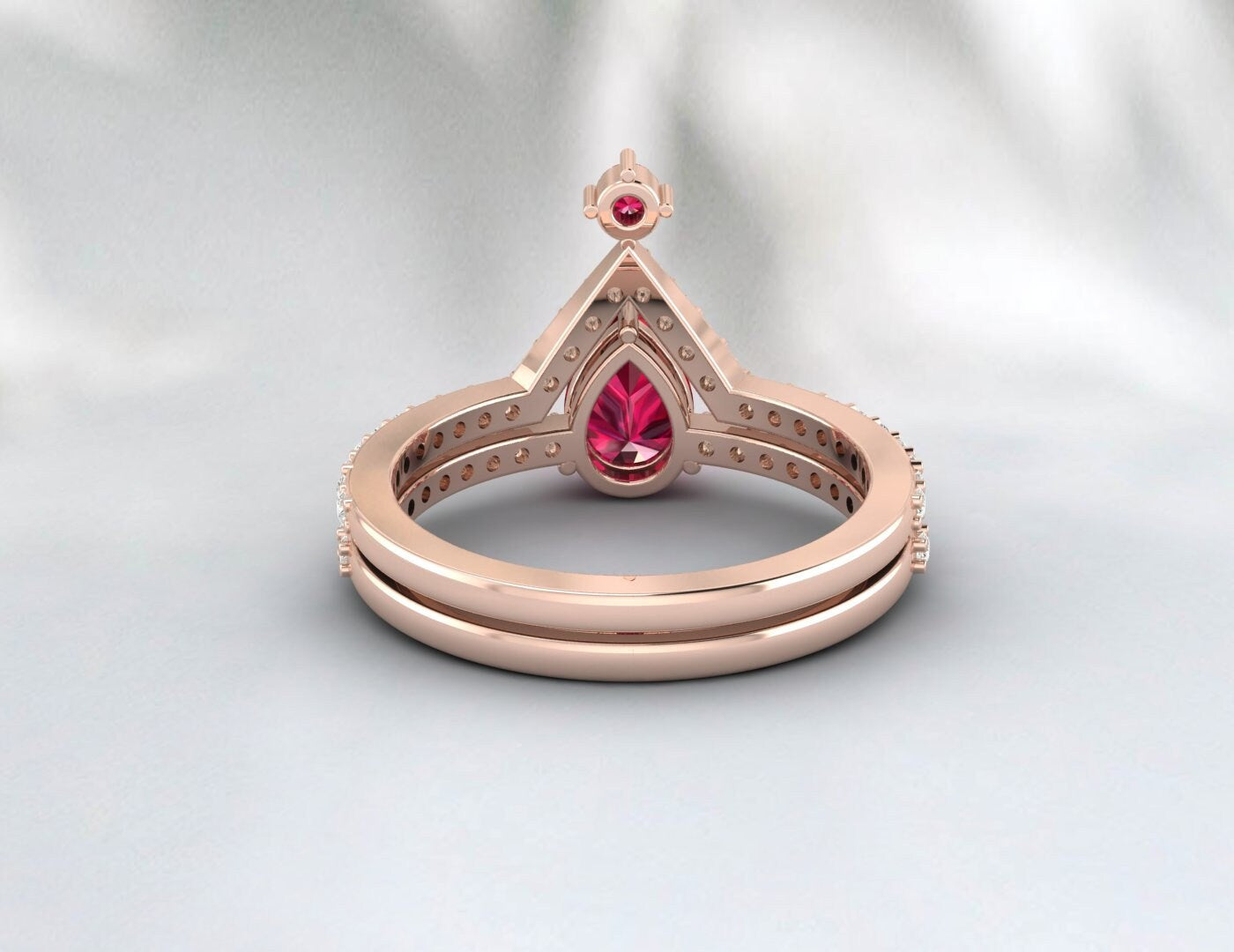 Vintage Pear Ruby Wedding Set Engagement Ruby July Birthstone Ring