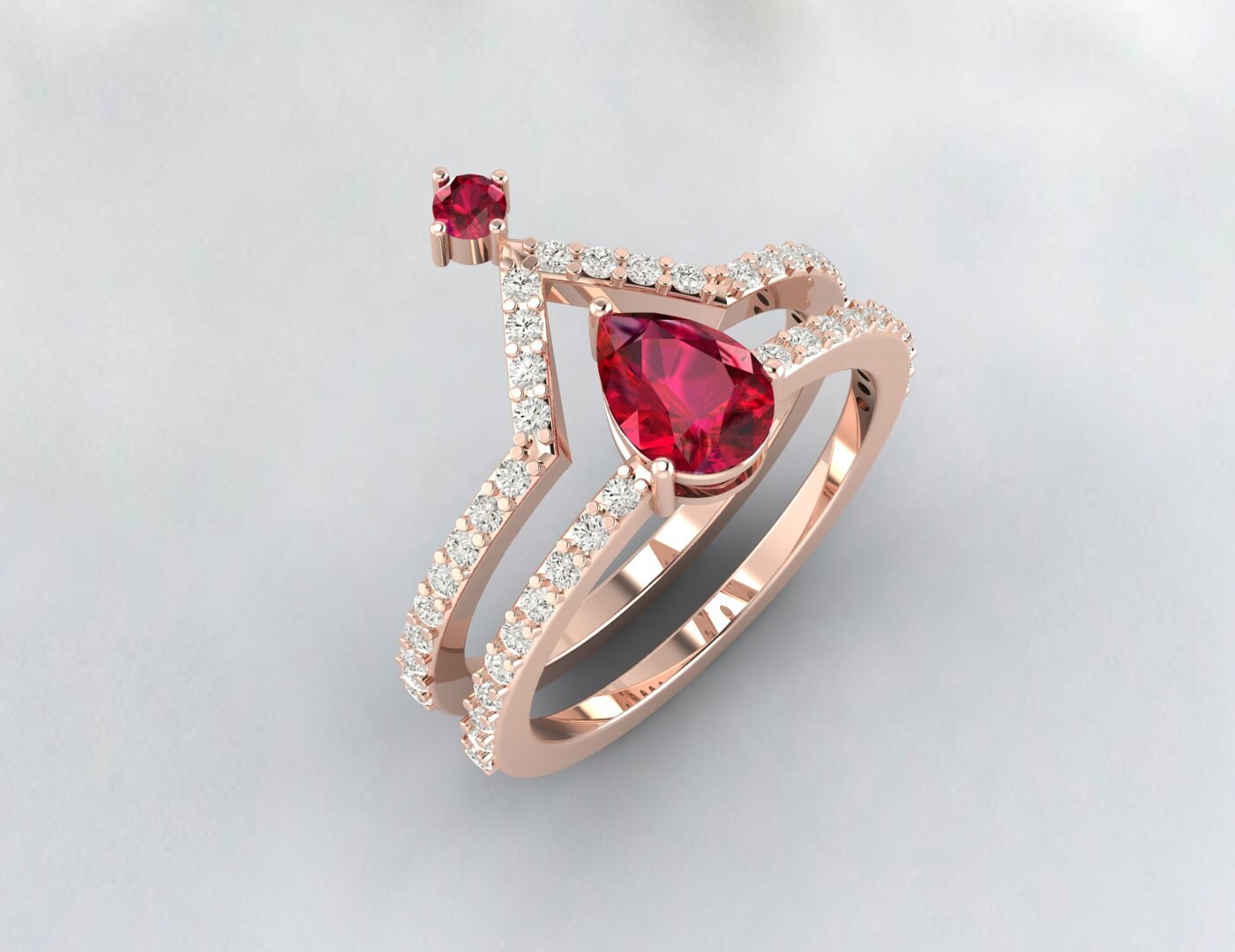 Vintage Pear Ruby Wedding Set Engagement Ruby July Birthstone Ring