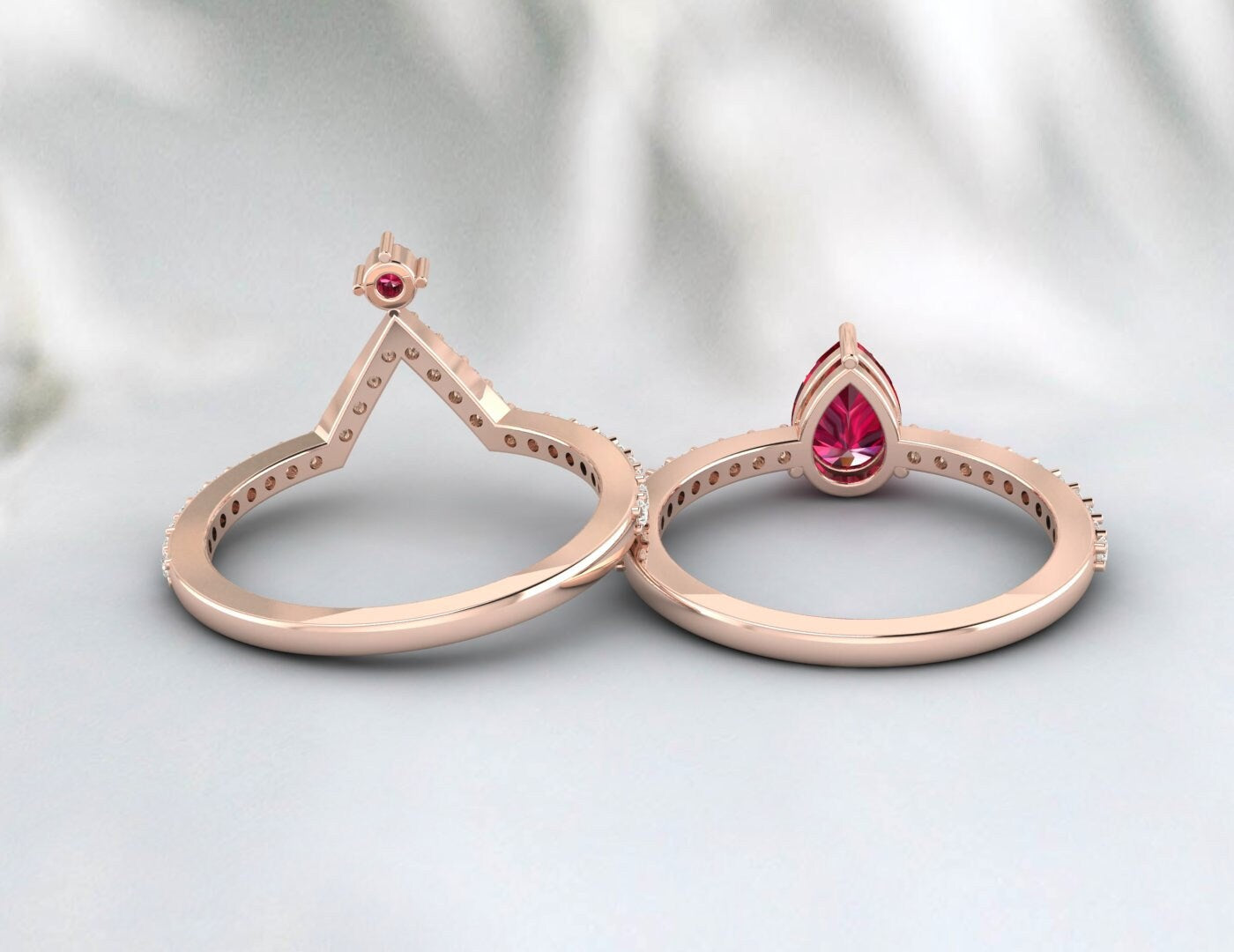 Vintage Pear Ruby Wedding Set Engagement Ruby July Birthstone Ring