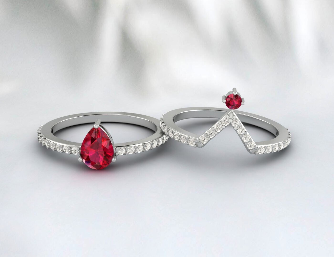 Vintage Pear Ruby Wedding Set Engagement Ruby July Birthstone Ring