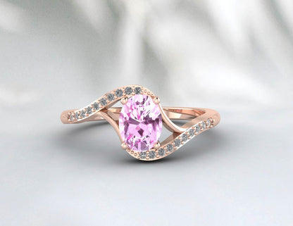 Cadeau de bague de fiançailles en or rose avec diamant taille ovale en saphir rose pour maman