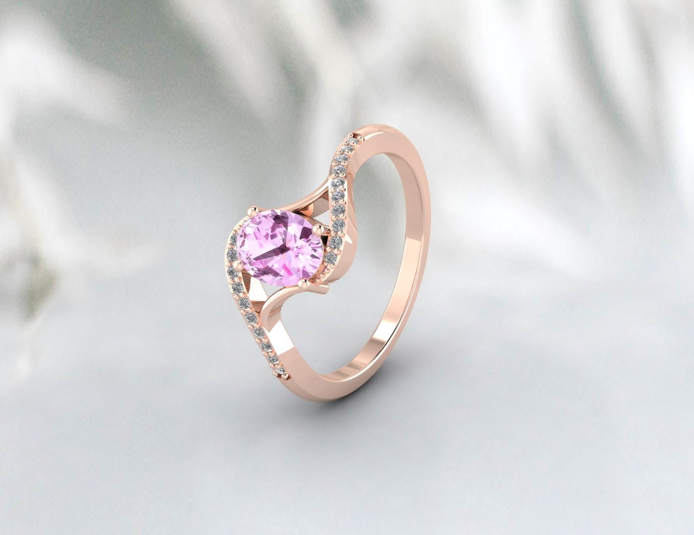 Cadeau de bague de fiançailles en or rose avec diamant taille ovale en saphir rose pour maman