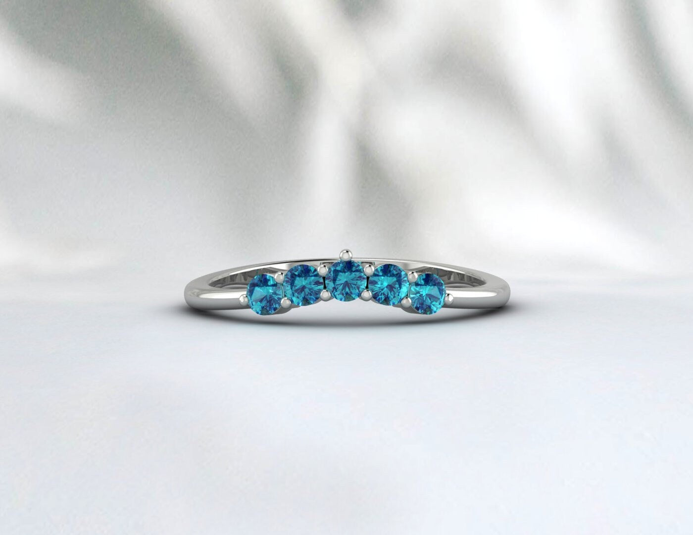 Curved London Blue Topaz Wedding Band Promise Matching Bridal Ring